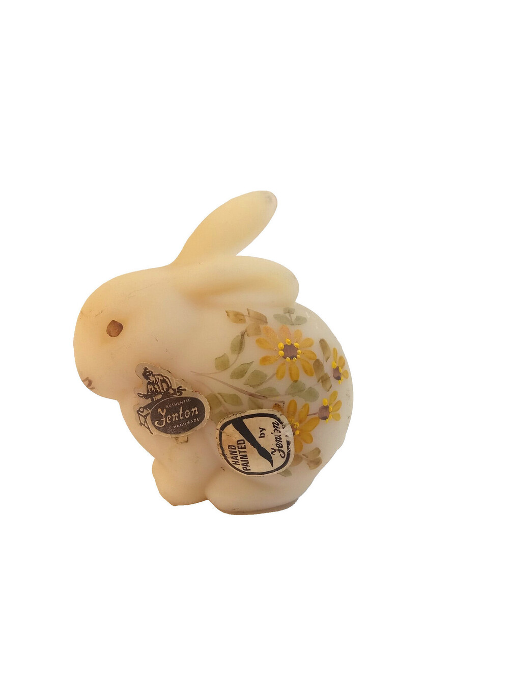 Fenton Hand Painted Whimsical Chubby Bunny Figurine Custard Satin Glass Opaque
